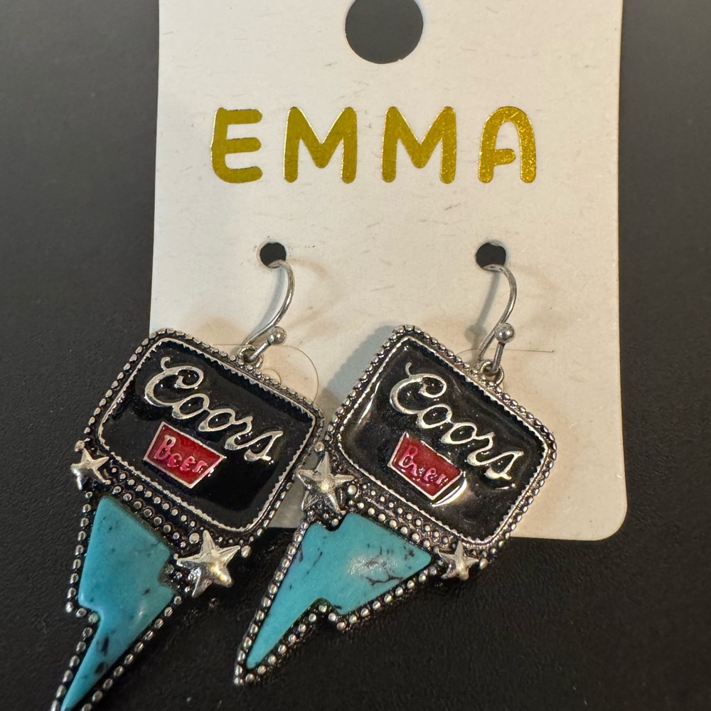 Western Coors Beer Logo Earrings with Turquoise Accents